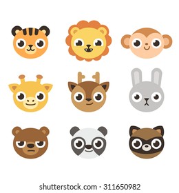 Conjunto de 9 cabezas de animales lindas del zoo de dibujos animados con diferentes expresiones. Los rostros Adorables se pueden utilizar como iconos o avatares.