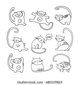 Set of 9 cute cats. Different cat poses. Doodle cartoon cats