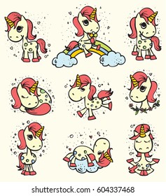 Set of 9 cute doodle magic unicorns for kid's greeting card design, t-shirt print, inspiration poster.