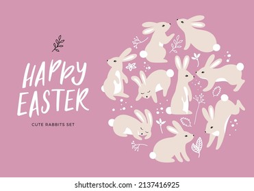 Set of 9 Cute Easter Rabbit with Florals. Vector Illustration of Cartoon Bunnies for Easter Greeting Card and Childrens Posters.