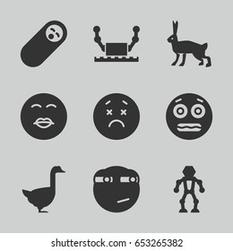 Set of 9 cute filled icons such as goose, rabbit, upset emot, kiss emot