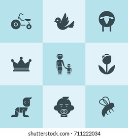 Set of 9 cute filled icons such as sheep, bee, crown, baby, grandmother and granson, tricycle, bird