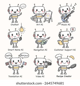 Set of 9 cute hand-drawn robot characters representing various AI technologies