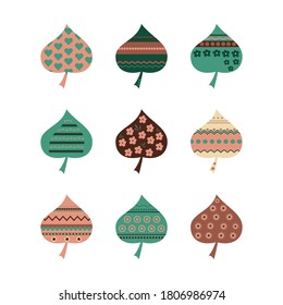 Conjunto de 9 hojas de árbol de color lindo para los niños aislados en un fondo blanco. Hermosa hoja para carteles, papeles pintados, textiles, libros, tarjetas, juguetes. Obtenido a mano. Diseño plano.