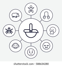 Set of 9 cute outline icons such as baby, hippopotamus, beetle, baby mitten, robot, devil emot, vomiting emot, emoji