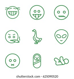 set of 9 cute outline icons such as goose, baby food, baby, sad emot, laughing emot
