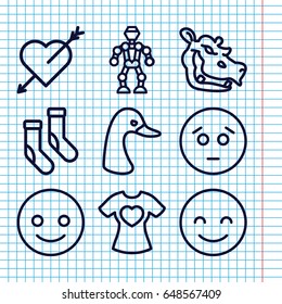 Set of 9 cute outline icons such as goose, hippopotamus, socks, t-shirt with heart, smiling emot, sad emot, robot