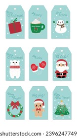 Juego de 9 lindas etiquetas de regalo de Navidad imprimibles para cajas de regalo con personajes lindos. Hombre de nieve, presente, oso, hombre de pan de jengibre, Santa Claus, árbol de Navidad, corona, mitones. Coloridas etiquetas de regalo de Navidad