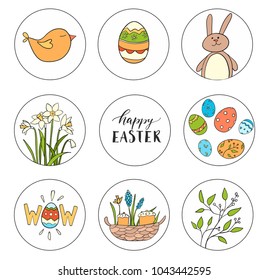 Set of 9 cute stickers for Happy Easter. Colorful collection of beautiful illustrations, lettering. Spring flowers, painted eggs, rabbit,bird, cakes. Vector drawing for postcards, banners, decoration