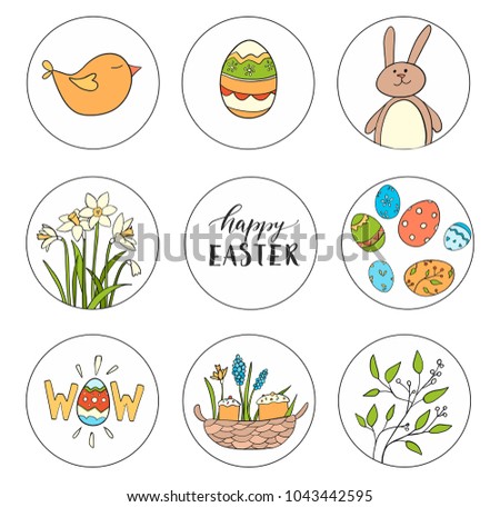 Set of 9 cute stickers for Happy Easter. Colorful collection of beautiful illustrations, lettering. Spring flowers, painted eggs, rabbit,bird, cakes. Vector drawing for postcards, banners, decoration