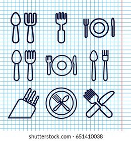 Set of 9 cutlery outline icons such as spoon and fork, plate fork and spoon