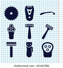 Set of 9 cutter filled icons such as razor, electric razor
