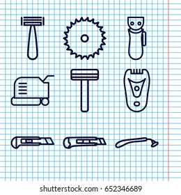 Set of 9 cutter outline icons such as razor, electric razor, lawn mower, blade saw