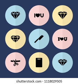 Set of 9 cutting filled icons such as diamond, cutting board, i love you, butcher knife, gem
