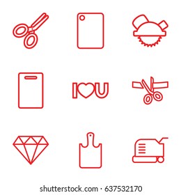 set of 9 cutting outline icons such as diamond, cutting board, lawn mower, saw blade, i love you, scissors, chopping board and knife, chopping board