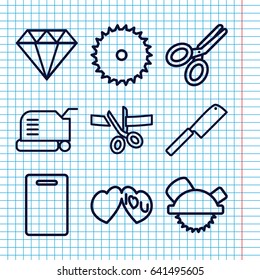 Set of 9 cutting outline icons such as cutting board, lawn mower, blade saw, saw blade, i love you, scissors, butcher knife, scissors and ribbon