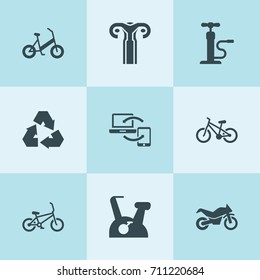 Set of 9 cycle filled icons such as car pump, recycle, synchronization, uterus, bicycle, bicycle, motorcycle