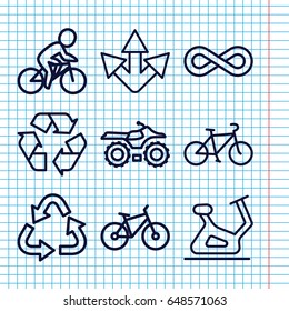 Set of 9 cycle outline icons such as exercise bike, recycle, eternity, bicycle, arrow