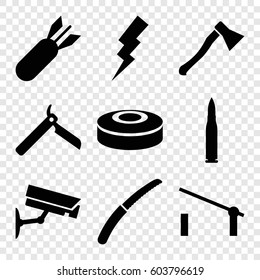 Set of 9 danger filled icons such as barrier, bllade razor, flash, gardening knife, security camera, rocket bomb, smoke bomb, axe weapon