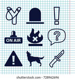 Set of 9 danger filled and outline icons such as wolf, siren, no fire, open air, knife, warning, exclamation, exclamation point