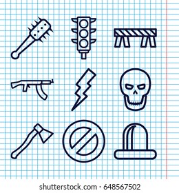 Set of 9 danger outline icons such as flash, barrier, siren, traffic light, skull, mace, axe weapon, submachine gun