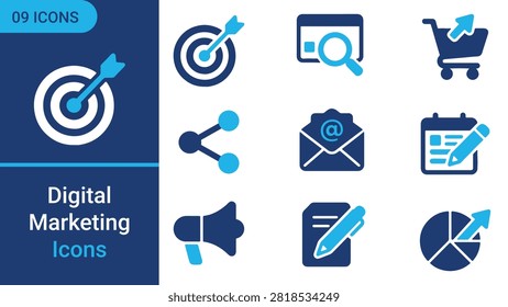 Set of 9 dark blue and light blue digital marketing vector icons. Minimalist modern icons featuring target arrow, SEO web search, e-commerce shopping cart, social share link, email marketing, content calendar, promotion megaphone, copywriting document, and pie chart market analysis for business presentations, marketing dashboards, UI design, apps, and websites.