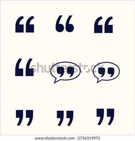 A set of 9 dark blue vector icons featuring quotation marks and speech bubbles in diverse styles, perfect for representing dialogue, quotes, or citations.