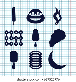 Set of 9 dark filled icons such as ninja, ice cream on stick, crescent, smoke