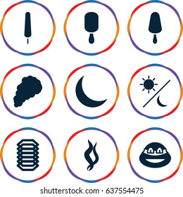 set of 9 dark filled icons such as ninja, ice cream on stick, crescent, smoke, electric circuit