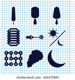 Set of 9 dark filled icons such as ice cream on stick, crescent, smoke, electric circuit
