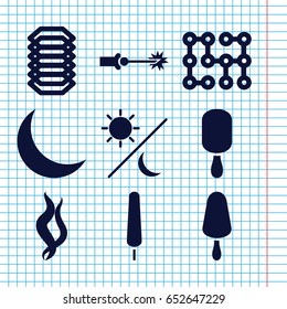 Set of 9 dark filled icons such as ice cream on stick, crescent, smoke, electric circuit