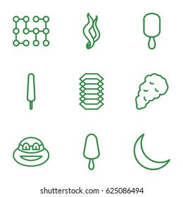 set of 9 dark outline icons such as ice cream on stick, crescent, smoke, electric circuit