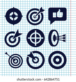 Set of 9 dartboard filled icons such as target, thumb up