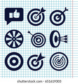 Set of 9 dartboard filled icons such as target, thumb up, arrows in target