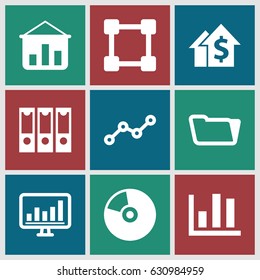 set of 9 data filled icons such as folder, chart, line graph, cd, dolar growth, binder, graph on board