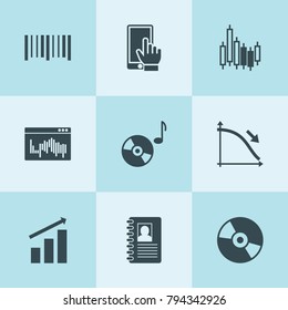 Set of 9 data filled icons such as graph chart, contact book, phone, disc, music disc, graph, line graph, web window