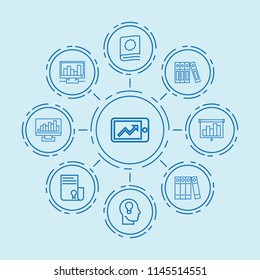 Set of 9 data outline icons such as sertificate, graph on phone display, key hole in head, chart, binder, chart on display