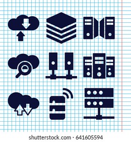 Set of 9 database filled icons such as server, cloud download upload, search cloud, download cloud