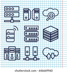 Set of 9 database outline icons such as server, cloud download upload, search cloud