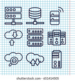 Set of 9 database outline icons such as server, cloud download upload, search cloud
