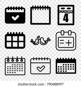 Set of 9 date filled and outline icons such as calendar, 4th date calendar, lovebirds