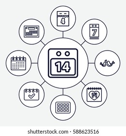 Set of 9 date outline icons such as calendar, 14 date