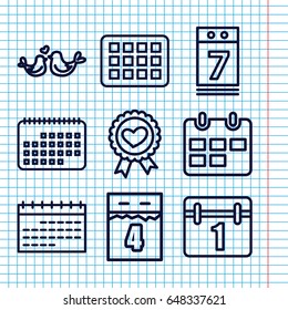 Set of 9 date outline icons such as calendar, heart ribbon, lovebirds, calendar 7 date
