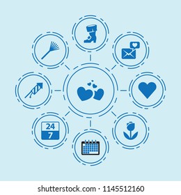 Set of 9 day filled icons such as rake, calendar, fireworks, heart, st patrick's day boot, love letter, 24 hours