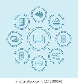 Set of 9 debit outline icons such as credit card, dollar sign on mobile phone, dollar sign on phone, cash and credit card, bank card
