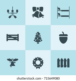 Set of 9 decor filled icons such as fence, acorn, chandelier, christmas tree, bunk bed, christmas bell