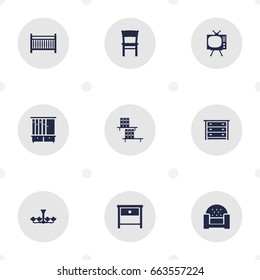 Set Of 9 Decor Icons Set.Collection Of Wardrobe, Luster, Cot And Other Elements.