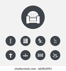 Set Of 9 Decor Icons Set.Collection Of Coat Stand, Wardrobe, Sofa Elements.