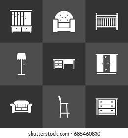 Set Of 9 Decor Icons Set.Collection Of Chair, Cupboard, Sofa And Other Elements.