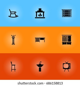Set Of 9 Decor Icons Set.Collection Of Chair, Sink, Coat Stand Elements.